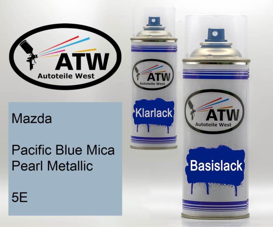 Mazda, Pacific Blue Mica Pearl Metallic, 5E: 400ml Sprühdose + 400ml Klarlack - Set, von ATW Autoteile West.